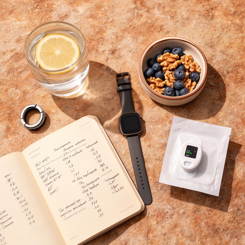 Smart ring, smart watch, CGM patch and biomarker notebook on a warm stone surface